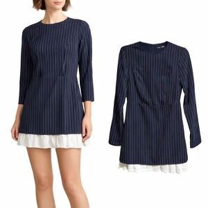 SHEIN Pinstripe Navy Blue Long‎ Sleeve Mini Dress White Trim Woman's Size Small